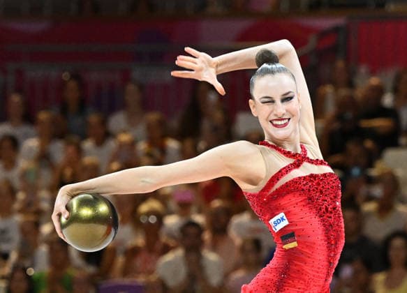 August 12, 2026, xhbx, 2026 Rhythmic Gymnastics World Championships, from left: Darja Varfolomeev, Germany, ball routine. DFL and DFB regulations prohibit any use of photographs as image sequences and or quasi-video. Frankfurt am Main