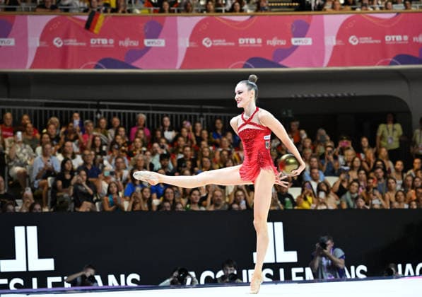 August 12, 2026, xhbx, 2026 Rhythmic Gymnastics World Championships, from left: Darja Varfolomeev, Germany, ball routine. DFL and DFB regulations prohibit any use of photographs as image sequences and or quasi-video. Frankfurt am Main