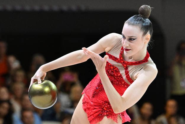 August 12, 2026, xhbx, 2026 Rhythmic Gymnastics World Championships, from left: Darja Varfolomeev, Germany, ball routine. DFL and DFB regulations prohibit any use of photographs as image sequences and or quasi-video. Frankfurt am Main