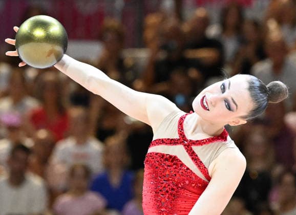 August 12, 2026, xhbx, 2026 Rhythmic Gymnastics World Championships, from left: Darja Varfolomeev, Germany, ball routine. DFL and DFB regulations prohibit any use of photographs as image sequences and or quasi-video. Frankfurt am Main