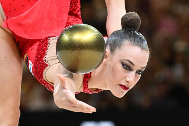 August 12, 2026, xhbx, 2026 Rhythmic Gymnastics World Championships, from left: Darja Varfolomeev, Germany, ball routine. DFL and DFB regulations prohibit any use of photographs as image sequences and or quasi-video. Frankfurt am Main