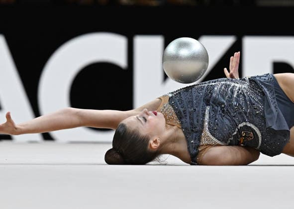 August 12, 2026, xhbx, 2026 Rhythmic Gymnastics World Championships, from left: Lada Pusch, Germany, ball routine. DFL and DFB regulations prohibit any use of photographs as image sequences and or quasi-video. Frankfurt am Main