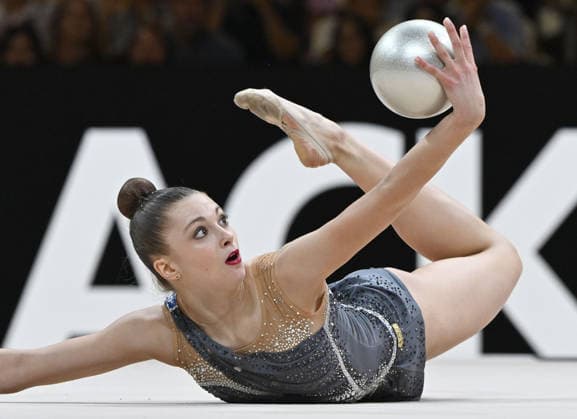 August 12, 2026, xhbx, 2026 Rhythmic Gymnastics World Championships, from left: Lada Pusch, Germany, ball routine. DFL and DFB regulations prohibit any use of photographs as image sequences and or quasi-video. Frankfurt am Main