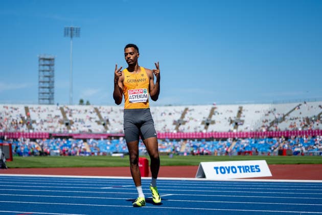 August 12, 2026, GBR, Track and Field, 2026 European Championships, Morning Session, Day 3, Birmingham: Emil Agyekum of Germany celebrates a strong performance at the finish line, Men’s 400-meter Hurdles, Semifinals, Alexander Stadium, Birmingham, England, Great Britain Copyright: xNordphoto Memmlerx