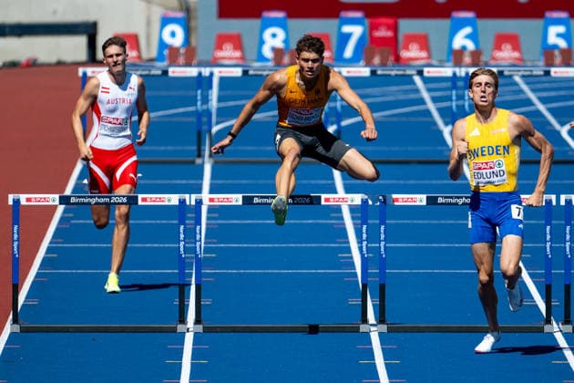August 12, 2026, GBR, Track and Field, 2026 European Championships, Morning Session Day 3, Birmingham: Owe Fischer Breiholz (Germany), alongside Niklas Strohmayer Dangl (Austria) and Oskar Edlund (Sweden), Men’s 400-meter hurdles, Semifinals, Birmingham Alexander Stadium, England, Great Britain Copyright: xNordphoto Memmlerx