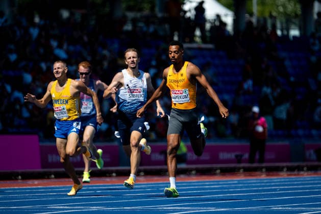 August 12, 2026, GBR, Track and Field, 2026 European Championships, Morning Session, Day 3, Birmingham: Emil Agyekum of Germany crosses the finish line in the Men s 400-meter Hurdles Semifinal at Alexander Stadium in Birmingham, England, United Kingdom Copyright: xNordphoto Memmlerx
