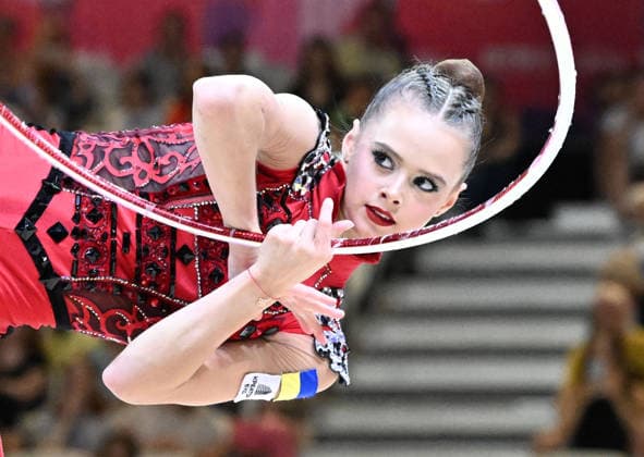 August 12, 2026, xhbx, 2026 Rhythmic Gymnastics World Championships, from left: Taisilia Onofriichuk (Ukraine), hoop routine. DFL and DFB regulations prohibit any use of photographs as image sequences and or quasi-video. Frankfurt am Main