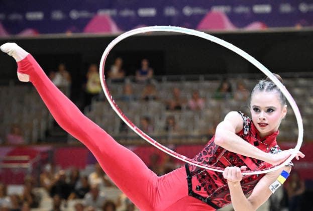 August 12, 2026, xhbx, 2026 Rhythmic Gymnastics World Championships, from left: Taisilia Onofriichuk (Ukraine), hoop routine. DFL and DFB regulations prohibit any use of photographs as image sequences and or quasi-video. Frankfurt am Main