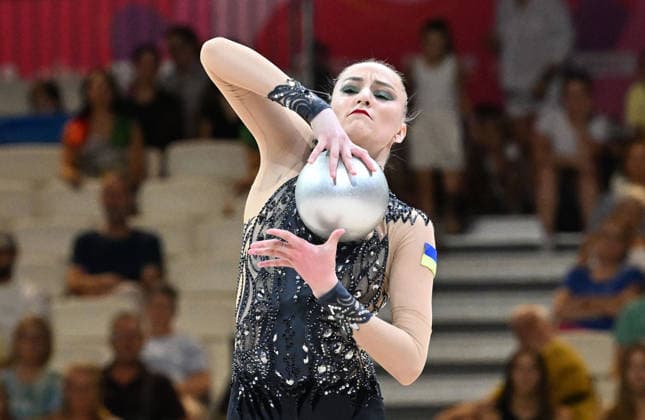 August 12, 2026, xhbx, 2026 Rhythmic Gymnastics World Championships, from left: Polina Karika, Ukraine, Ball. DFL and DFB regulations prohibit any use of photographs as image sequences and or quasi-video. Frankfurt am Main