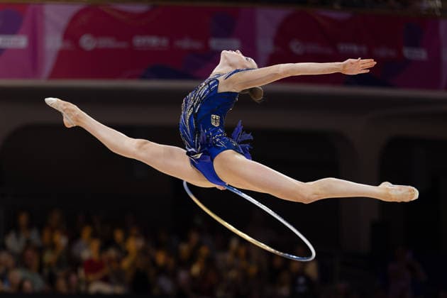 World Rhythmic Gymnastics Championships: Darja Varfolomeev of Germany during her hoop routine. World Rhythmic Gymnastics Championships, August 11–16, at the Festhalle in Frankfurt am Main. Qualifying Round, Day 1, Frankfurt am Main, Hesse, Germany, Festhalle