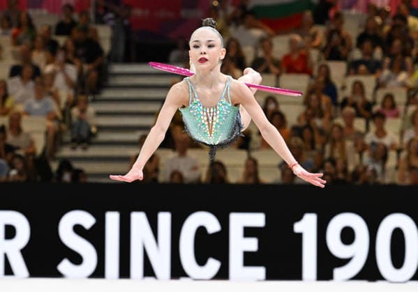August 12, 2026, xhbx, 2026 Rhythmic Gymnastics World Championships, from left: Stiliana Nikolova (Bulgaria), hoop; DFL and DFB regulations prohibit any use of photographs as image sequences and or quasi-video; Frankfurt am Main
