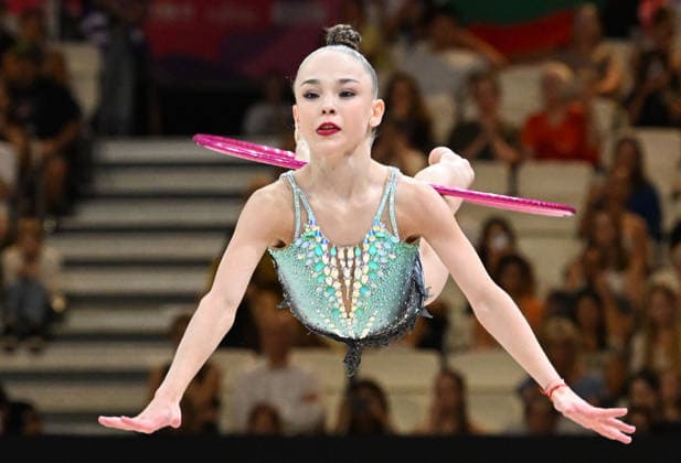 August 12, 2026, xhbx, 2026 Rhythmic Gymnastics World Championships, from left: Stiliana Nikolova (Bulgaria), hoop; DFL and DFB regulations prohibit any use of photographs as image sequences and or quasi-video; Frankfurt am Main