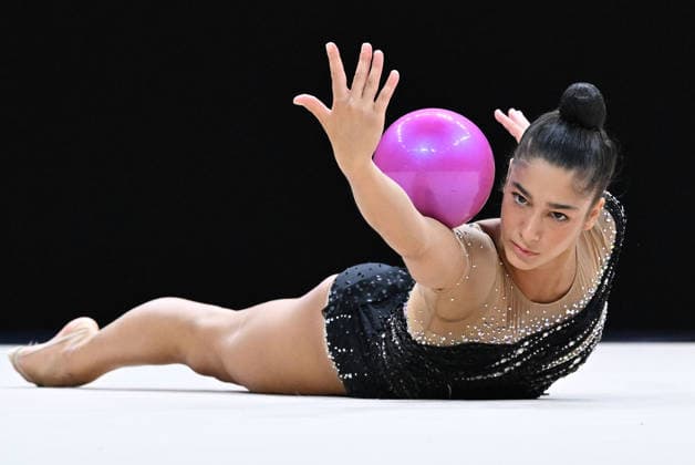 August 12, 2026, xhbx, 2026 Rhythmic Gymnastics World Championships, from left: Sofia Raffaeli, Italy, Ball, DFL, DFB. REGULATIONS PROHIBIT ANY USE OF PHOTOGRAPHS AS IMAGE SEQUENCES AND OR QUASI-VIDEO. Frankfurt am Main