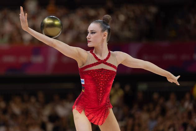 World Rhythmic Gymnastics Championships: Darja Varfolomeev of Germany during her ball routine. World Rhythmic Gymnastics Championships, August 11–16, at the Festhalle in Frankfurt am Main. Qualifying Round, Day 1, Frankfurt am Main, Hesse, Germany, Festhalle