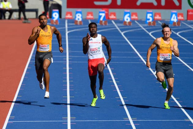 BIRMINGHAM, GREAT BRITAIN - August 12: Leo Neugebauer (Germany), Makenson Gletty (France) and Amadeus Gräber (Germany) during the decathlon 100 metres competition during the European Athletics Championships 2026 at Alexander Stadium in Birmingham, Great Britain (Photo by Sven Beyrich Sports Press Photo) Copyright: xSvenxBeyrich SportsxPressxPhotox Sportspressphoto_SPR204531