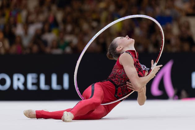 World Rhythmic Gymnastics Championships: Taisiia Onofriichuk of Ukraine during her hoop routine. World Rhythmic Gymnastics Championships, August 11–16, at the Festhalle in Frankfurt am Main. Qualifying Round, Day 1, Frankfurt am Main, Hesse, Germany, Festhalle