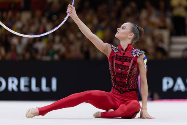 World Rhythmic Gymnastics Championships: Taisiia Onofriichuk of Ukraine during her hoop routine. World Rhythmic Gymnastics Championships, August 11–16, at the Festhalle in Frankfurt am Main. Qualifying Round, Day 1, Frankfurt am Main, Hesse, Germany, Festhalle