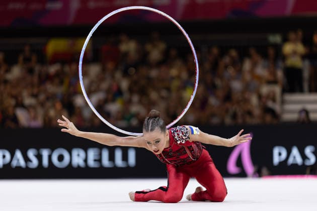World Rhythmic Gymnastics Championships: Taisiia Onofriichuk of Ukraine during her hoop routine. World Rhythmic Gymnastics Championships, August 11–16, at the Festhalle in Frankfurt am Main. Qualifying Round, Day 1, Frankfurt am Main, Hesse, Germany, Festhalle