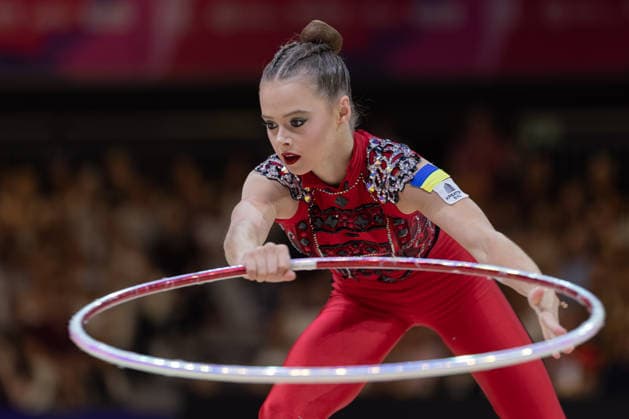 World Rhythmic Gymnastics Championships: Taisiia Onofriichuk of Ukraine during her hoop routine. World Rhythmic Gymnastics Championships, August 11–16, at the Festhalle in Frankfurt am Main. Qualifying Round, Day 1, Frankfurt am Main, Hesse, Germany, Festhalle