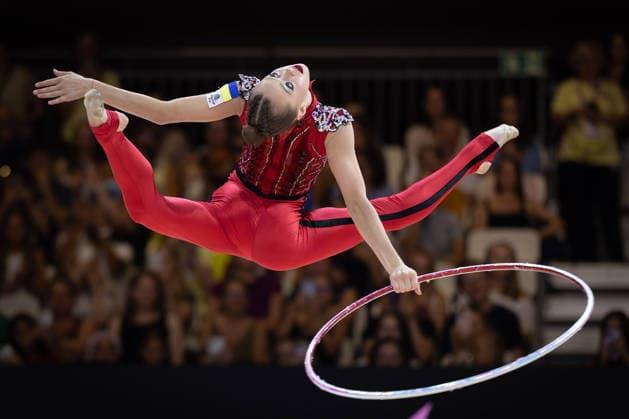 World Rhythmic Gymnastics Championships: Taisiia Onofriichuk of Ukraine during her hoop routine. World Rhythmic Gymnastics Championships, August 11–16, at the Festhalle in Frankfurt am Main. Qualifying Round, Day 1, Frankfurt am Main, Hesse, Germany, Festhalle