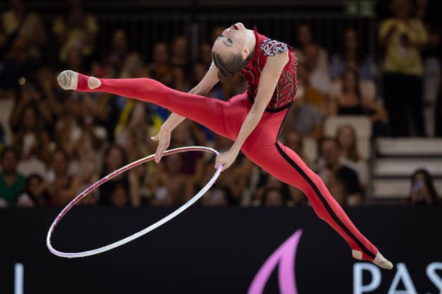 World Rhythmic Gymnastics Championships: Taisiia Onofriichuk of Ukraine during her hoop routine. World Rhythmic Gymnastics Championships, August 11–16, at the Festhalle in Frankfurt am Main. Qualifying Round, Day 1, Frankfurt am Main, Hesse, Germany, Festhalle