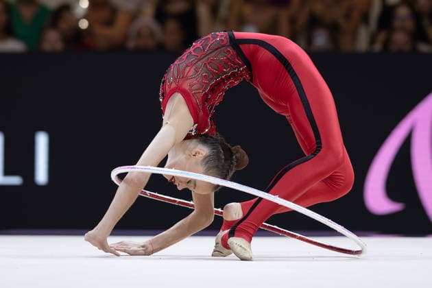 World Rhythmic Gymnastics Championships: Taisiia Onofriichuk of Ukraine during her hoop routine. World Rhythmic Gymnastics Championships, August 11–16, at the Festhalle in Frankfurt am Main. Qualifying Round, Day 1, Frankfurt am Main, Hesse, Germany, Festhalle