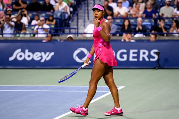 August 11, 2026, Toronto, Ontario, Canada: NAOMI OSAKA of Japan celebrates winning a point during her quarterfinal match against Elena Rybakina of Kazakhstan at the National Bank Open, part of the Hologic WTA, Tennis Damen Tour at Sobeys Stadium. Toronto Canada - ZUMAr228 20260811_znp_r228_016 Copyright: xVasiliyxRyabykhx