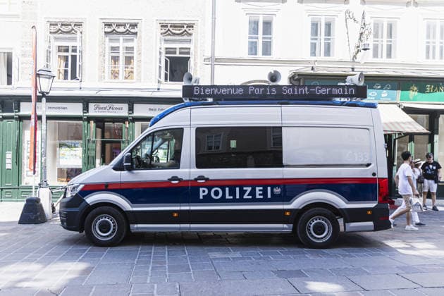 Police car at Paris Saint-Germain fanzone prior to the UEFA Super Cup Final match between Paris Saint-Germain and Aston Villa at Red Bull Arena, Salzburg, Wals-Siezenheim on August 12th,2026 (Photo by Joao Bravo Sports Press Photo) Copyright: xJoaoxBravo SportsxPressxPhotox Sportspressphoto_SPR204587