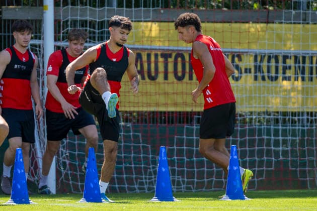 Regionalliga Northeast, Season 26–27: Hallescher FC Training Session with New Signing Osman Atilgan, Halle, Germany, August 12, 2026. Pictured, from left: New signing Osman Atilgan (Halle) and Soufian Benyamina (Halle), Halle Saale Leuna Chemie Stadium, Saxony-Anhalt, Germany
