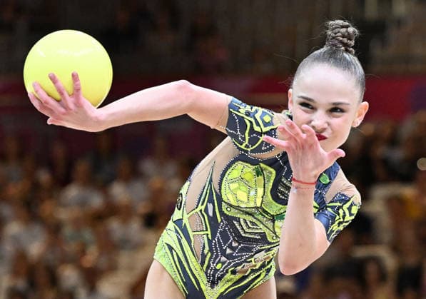 August 12, 2026, xhbx, 2026 Rhythmic Gymnastics World Championships, from left: Zille, Wang (China) with ribbon. DFL and DFB regulations prohibit any use of photographs as image sequences and or quasi-video. Frankfurt am Main