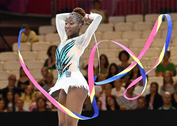 August 12, 2026, xhbx, 2026 Rhythmic Gymnastics World Championships, from left: Emilia Ekandjo of Namibia with a ribbon. DFL and DFB regulations prohibit any use of photographs as image sequences and or quasi-video. Frankfurt am Main