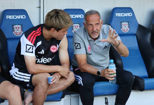 August 12, 2026, Soccer Friendly Match, FSV Frankfurt vs. Eintracht Frankfurt, from left: Ritsu Doan of Eintracht Frankfurt and coach Adi Hütter of Eintracht Frankfurt in conversation; Hütter is giving instructions. DFL and DFB regulations prohibit any use of photographs as image sequences and or quasi-video. xdcx Copyright: HMBxMedia Claus