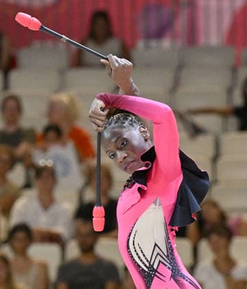August 12, 2026, xhbx, 2026 Rhythmic Gymnastics World Championships, from left: Emilia Ekandjo of Namibia with clubs. DFL DFB REGULATIONS PROHIBIT ANY USE OF PHOTOGRAPHS as IMAGE SEQUENCES and or QUASI-VIDEO. Frankfurt am Main