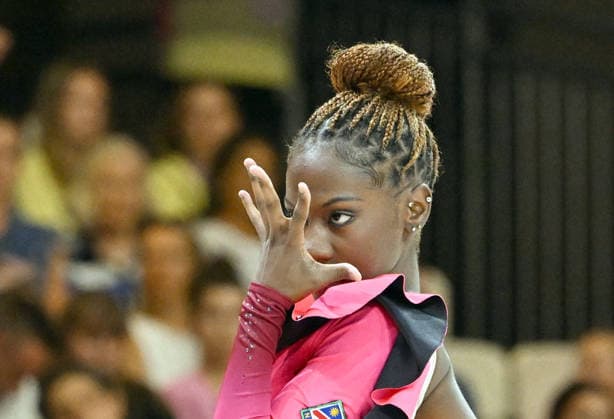 August 12, 2026, xhbx, 2026 Rhythmic Gymnastics World Championships, from left: Emilia Ekandjo of Namibia with clubs. DFL DFB REGULATIONS PROHIBIT ANY USE OF PHOTOGRAPHS as IMAGE SEQUENCES and or QUASI-VIDEO. Frankfurt am Main