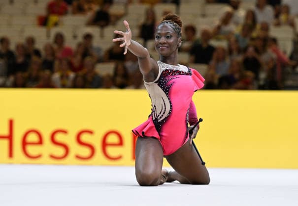 August 12, 2026, xhbx, 2026 Rhythmic Gymnastics World Championships, from left: Emilia Ekandjo of Namibia with clubs. DFL DFB REGULATIONS PROHIBIT ANY USE OF PHOTOGRAPHS as IMAGE SEQUENCES and or QUASI-VIDEO. Frankfurt am Main