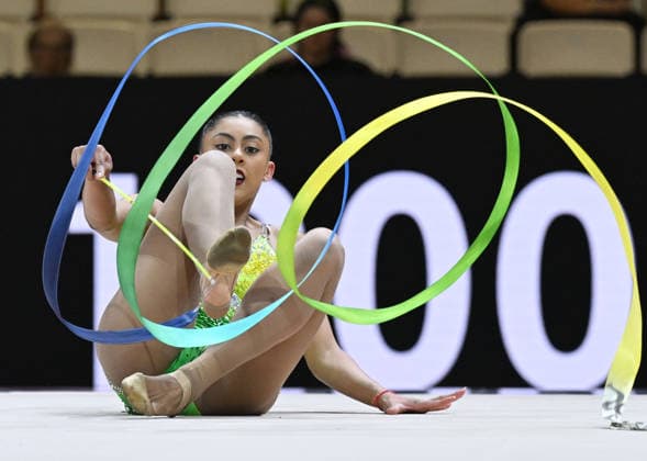 August 12, 2026, xhbx, 2026 Rhythmic Gymnastics World Championships, from left: Barbara Domingos (Brazil) with ribbon. DFL and DFB regulations prohibit any use of photographs as image sequences and or quasi-video. Frankfurt am Main