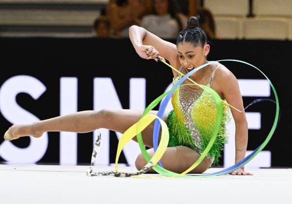 August 12, 2026, xhbx, 2026 Rhythmic Gymnastics World Championships, from left: Barbara Domingos (Brazil) with ribbon. DFL and DFB regulations prohibit any use of photographs as image sequences and or quasi-video. Frankfurt am Main