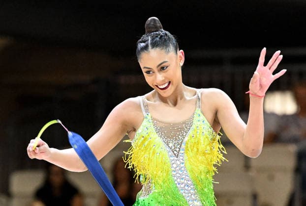 August 12, 2026, xhbx, 2026 Rhythmic Gymnastics World Championships, from left: Barbara Domingos (Brazil) with ribbon. DFL and DFB regulations prohibit any use of photographs as image sequences and or quasi-video. Frankfurt am Main