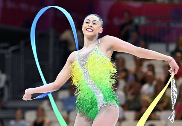 August 12, 2026, xhbx, 2026 Rhythmic Gymnastics World Championships, from left: Barbara Domingos (Brazil) with ribbon. DFL and DFB regulations prohibit any use of photographs as image sequences and or quasi-video. Frankfurt am Main
