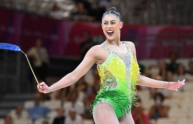 August 12, 2026, xhbx, 2026 Rhythmic Gymnastics World Championships, from left: Barbara Domingos (Brazil) with ribbon. DFL and DFB regulations prohibit any use of photographs as image sequences and or quasi-video. Frankfurt am Main