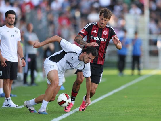 August 12, 2026, Soccer friendly match, FSV Frankfurt vs. Eintracht Frankfurt, from left: Filip Pandza (FSV Frankfurt), Robin Koch (Eintracht Frankfurt). DFL and DFB regulations prohibit any use of photographs as image sequences and or quasi-video. xdcx Copyright: HMBxMedia Claus