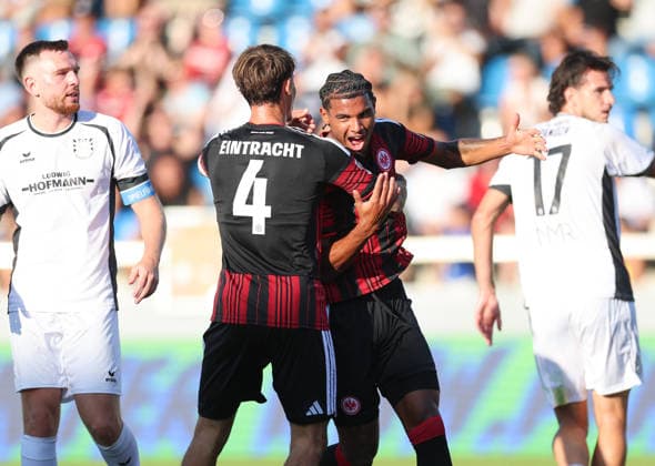 August 12, 2026, Soccer Friendly Match, FSV Frankfurt vs. Eintracht Frankfurt, from left, goal celebration for the 0–1 goal by Otavio Galdino Fernandes of Eintracht Frankfurt, goal celebration, celebrating the goal. DFL and DFB regulations prohibit any use of photographs as image sequences and or quasi-video. xdcx Copyright: HMBxMedia Claus