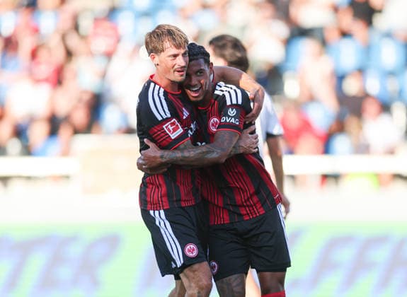 August 12, 2026, Soccer Friendly Match, FSV Frankfurt vs. Eintracht Frankfurt, from left, goal celebration for the 0–1 goal by Otavio Galdino Fernandes of Eintracht Frankfurt, goal celebration, celebrating the goal, Robin Koch, Eintracht Frankfurt. DFL and DFB regulations prohibit any use of photographs as image sequences and or quasi-video. xdcx Copyright: HMBxMedia Claus