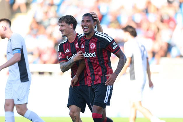 August 12, 2026, Soccer Friendly Match, FSV Frankfurt vs. Eintracht Frankfurt, from left, goal celebration for the 0–1 goal by Otavio Galdino Fernandes of Eintracht Frankfurt, goal celebration, celebrating the goal, Robin Koch, Eintracht Frankfurt. DFL and DFB regulations prohibit any use of photographs as image sequences and or quasi-video. xdcx Copyright: HMBxMedia Claus