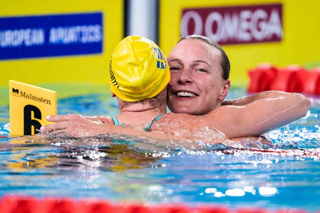 August 12, 2026: Sara Junevik and Sarah Sjöström of Sweden hug each other after competing in the women’s 50-meter butterfly swimming final during Day 13 of the 2026 European Aquatics Championships on August 12, 2026 in Saint Denis. Photo by Joel Marklund, BILDBYRAN, code JM JM0840 bbeng swimming 2026 European Aquatics Championships EM women Sweden celebration  Copyright: JOELxMARKLUND BB260812JM094