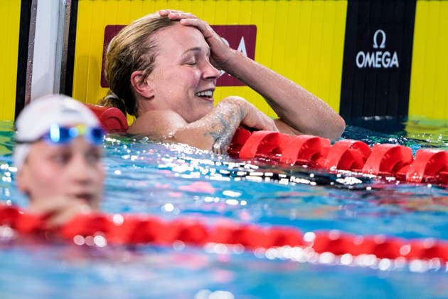August 12, 2026: Sarah Sjöström of Sweden reacts after competing in the women’s 50-meter butterfly final during Day 13 of the 2026 European Aquatics Championships on August 12, 2026 in Saint-Denis. Photo by Joel Marklund. BILDBYRAN code JM JM0840 bbeng swimming 2026 European Aquatics Championships EM women Sweden celebration  Copyright: JOELxMARKLUND BB260812JM095