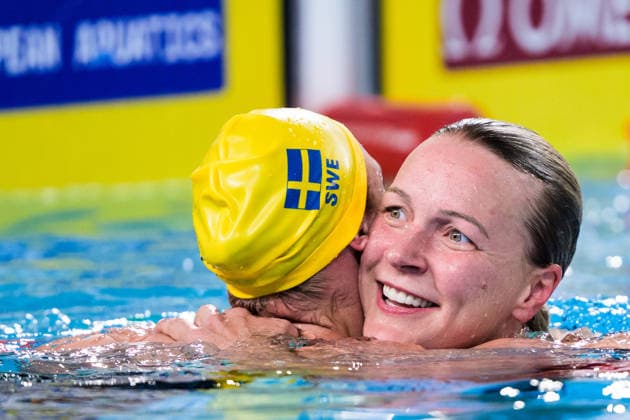 August 12, 2026: Sara Junevik and Sarah Sjöström of Sweden hug each other after competing in the women’s 50-meter butterfly swimming final during Day 13 of the 2026 European Aquatics Championships on August 12, 2026 in Saint Denis. Photo by Joel Marklund, BILDBYRAN, code JM JM0840 bbeng swimming 2026 European Aquatics Championships EM women Sweden celebration  Copyright: JOELxMARKLUND BB260812JM097