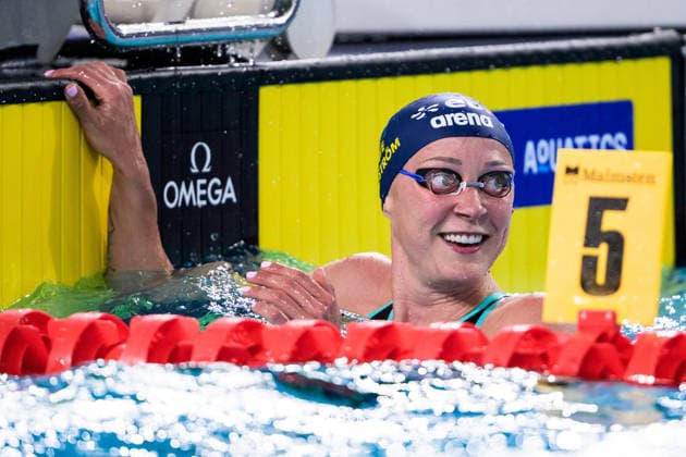 August 12, 2026: Sarah Sjöström of Sweden reacts after competing in the women’s 50-meter butterfly final during Day 13 of the 2026 European Aquatics Championships on August 12, 2026 in Saint-Denis. Photo by Joel Marklund. BILDBYRAN code JM JM0840 bbeng swimming 2026 European Aquatics Championships EM women Sweden celebration  Copyright: JOELxMARKLUND BB260812JM100
