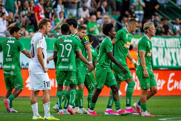 SOCCER - UEFA ECL, Rapid vs Paide VIENNA,AUSTRIA,12.AUG.26 - SOCCER - UEFA Conference League, qualification, SK Rapid Wien vs Paide Linnameeskond. Image shows the rejoicing of Eaden Roka, Louis Schaub, Romeo Amane, Marco Tilio, Jakob Schoeller, Moulaye Haidara, Nenad Cvetkovic, Tobias Gulliksen (Rapid) as well as the disappointment of Martin Miller (Paide). GEPAxpictures xKevinxHackner