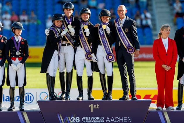 AACHEN FEI World Championships 2026, AACHEN FEI World Championships 2026 Team Germany: Katharina Hemmer (GER), Raphael Netz (GER), Frederic Wandres (GER), Isabell Werth (GER), Klaus Roeser, Chef d’Equipe; Medal ceremony; Team FEI Dressage World Championship; Grand Prix de Dressage; Team Final; Individual Qualifying Round; Lambertz Prize Aachen; Soers Equestrian Stadium; August 12, 2026
